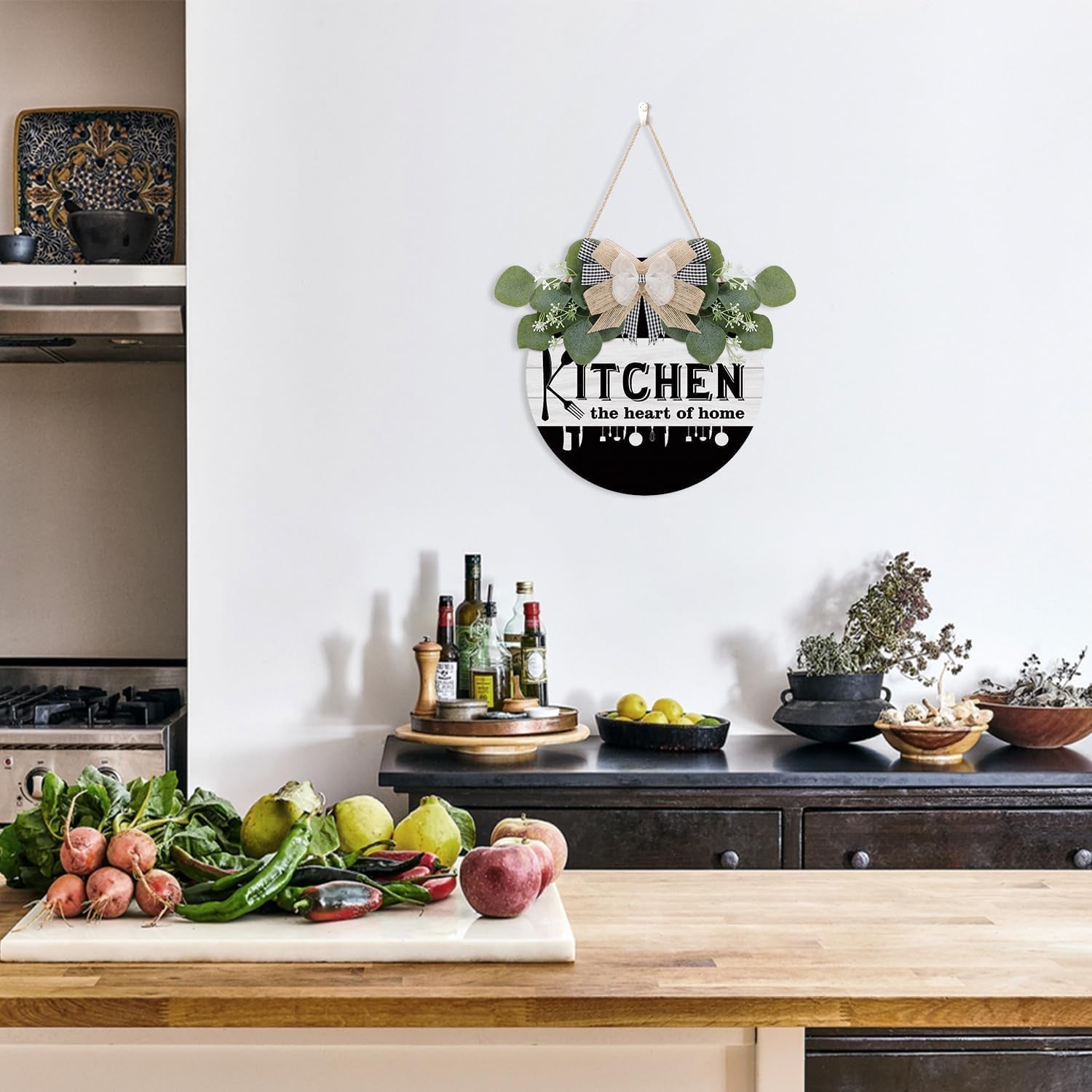 Kitchen Wooden Hanging Signs Rustic Wood Sign for Home Kitchen Decor round Wood Hanging Sign with Ribbon Bow and Artificial Green Leaves Farmhouse Style Wall Art for Kitchen Home Art Decor