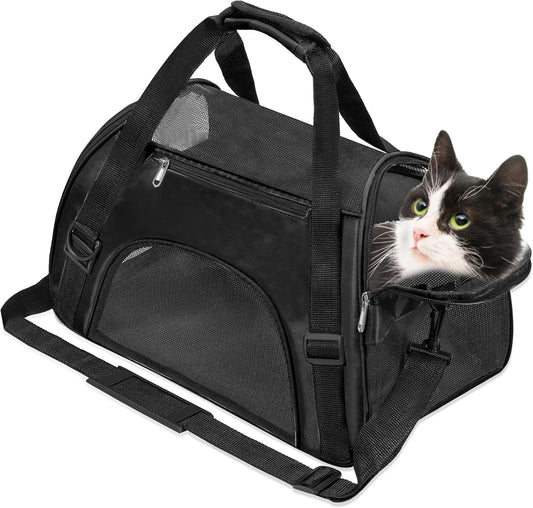Soft-Sided Foldable Cat/Dog/Pet/Puppy Carrier Bag,Portable Pets Travel Carriers for Cats/Dogs/Pets with Shoulder Strap & Removable Mat,Durable Comfort Cat Basket Airline Approved(Black,Medium)