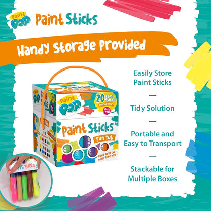 Paint Sticks for Kids - 20 Pack Assorted Colours & Fun Storage Tub - Twist & Paint, Mess-Free, Fast Drying Action, Easy Clean Up, Vibrant Colours, Multi-Surface