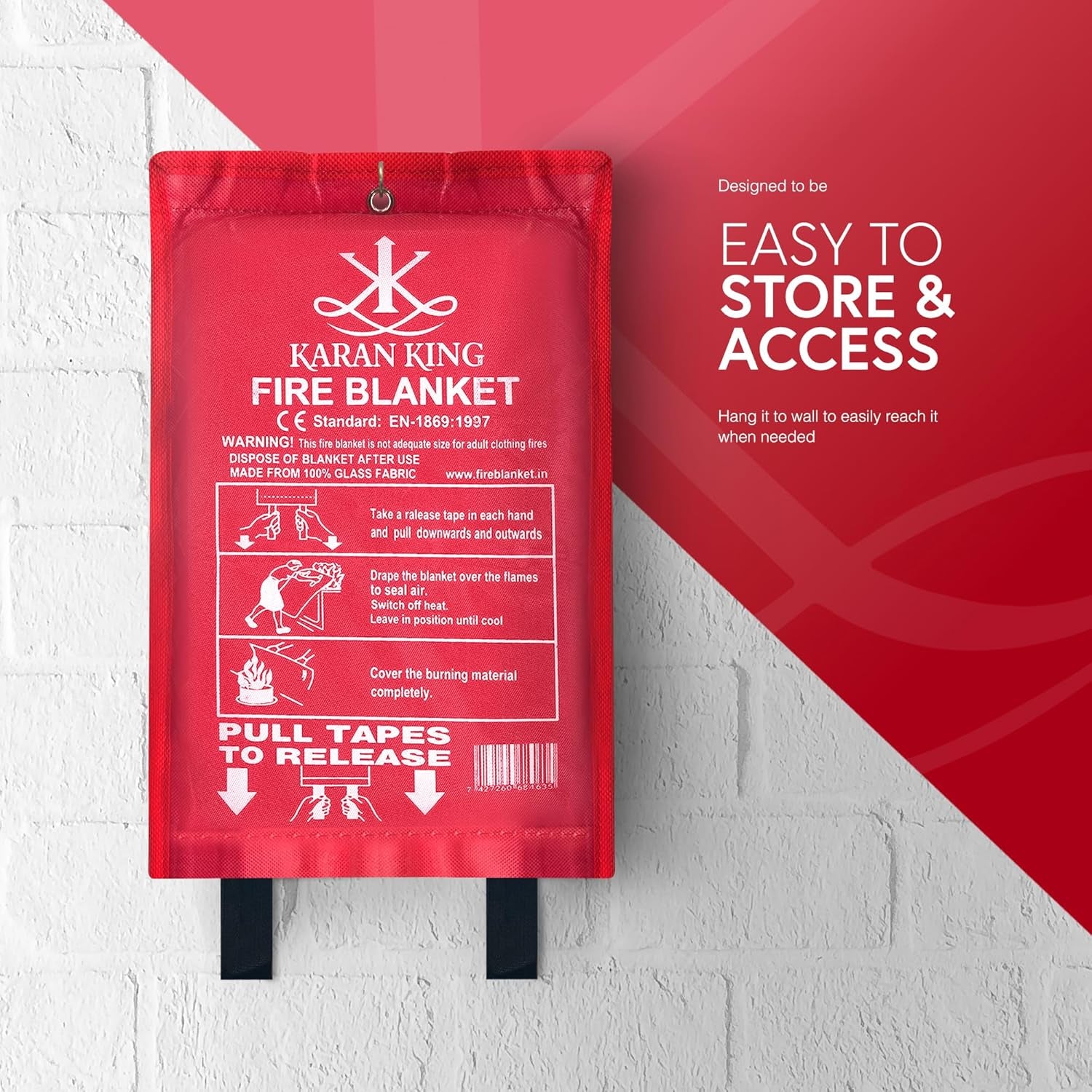 ® - Fire Blanket - Flame - Retardant Safety Blanket for Home, Kitchen, Caravans, Garages - Heat-Resistant and Versatile Fire Protection Equipment (Large, Quick Unfolding, with Loops)