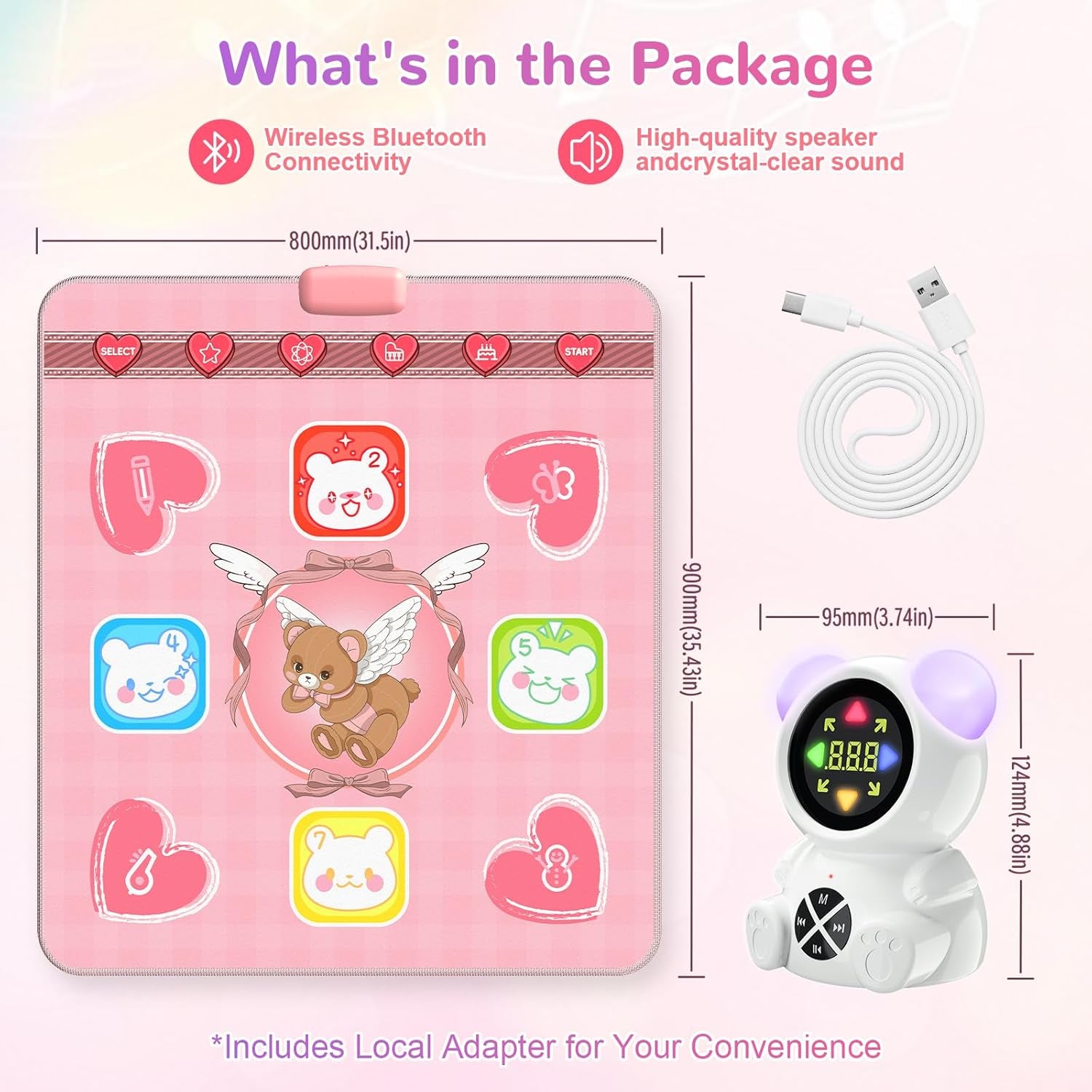 Rechargeable Dance Mat Toys for Girls, Light up Dance Pad with Wireless Bluetooth, 5 Game Modes, Adjustable Volume & LED Lights, Xmas B-Day Gifts for 3-12 Years Old Kids (Pink)