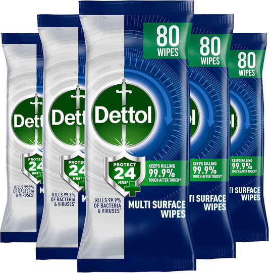 Protect 24 Multipurpose Antibacterial Wipes, 5 Pack of 80, Total 400, Long-Lasting Germ Protection, Ideal for Home, Office, Travel, First Aid Bag Essential