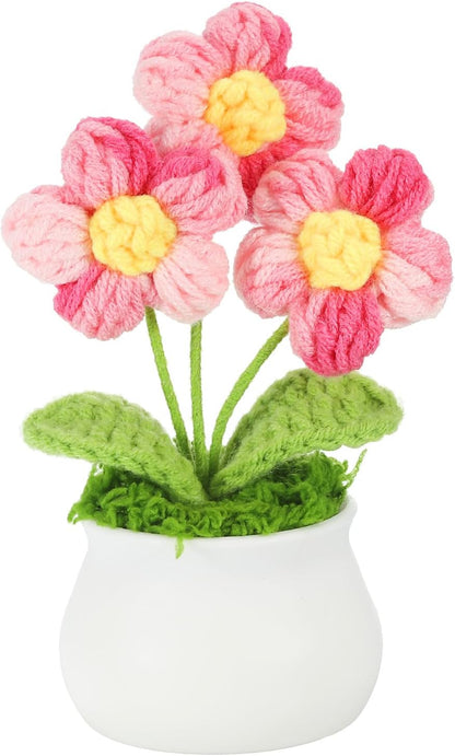 Crochet Flowers Potted, Handmade Knitted Mini Potted Plants Puff Knitting Artificial Flowers for Valentine'S Gifts Home Office Tables Decoration, Gradient Pink