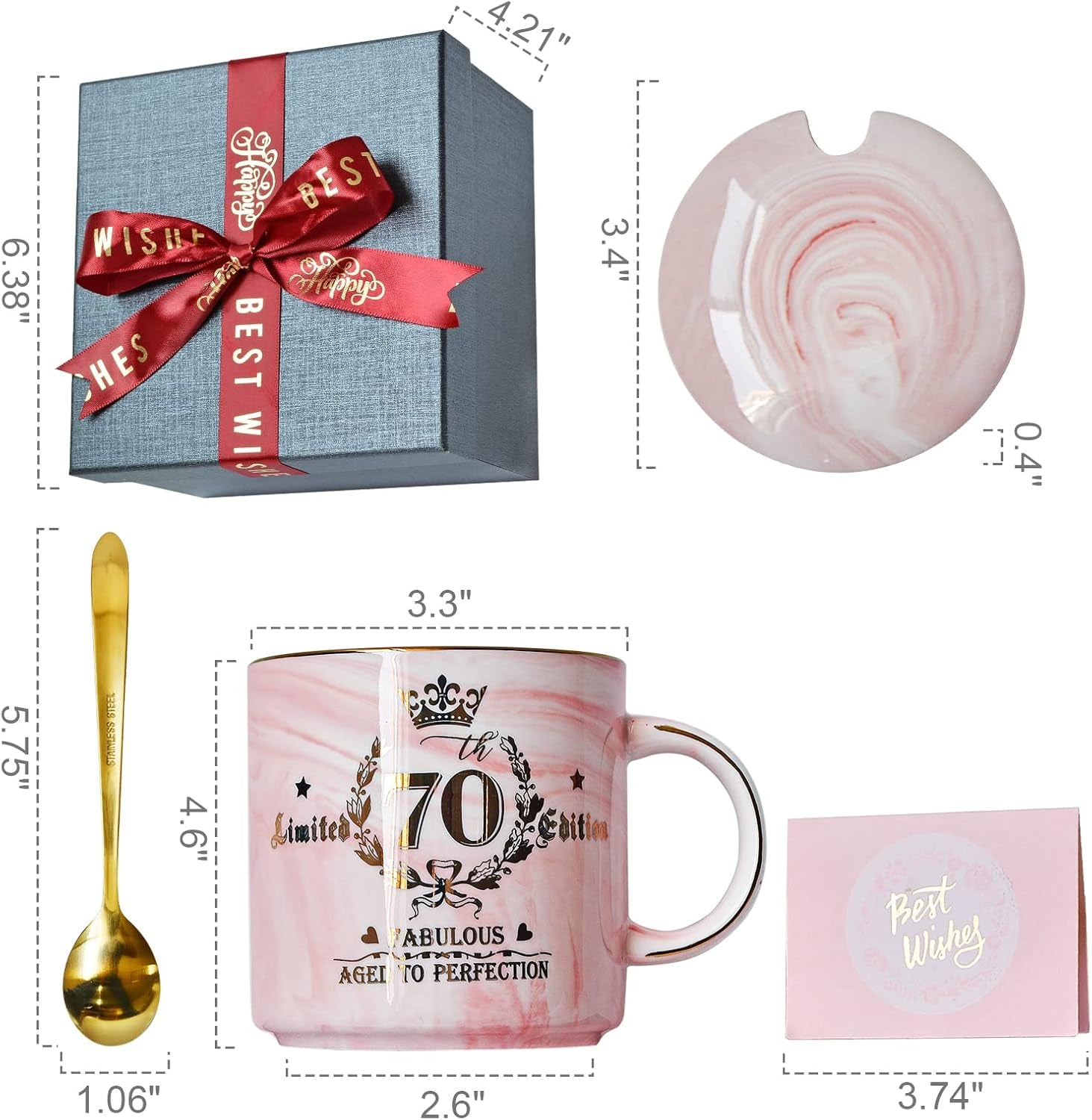 70Th Birthday Gifts for Women - 14Oz Pink Aged to Perfection Seventy Birthday Mug Printed with Gold - Happy Birthday Keepsakes Presents for 70 Years Old Grandma Mum Nanny, with Gift Box Lid Card Spoon