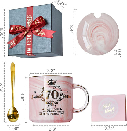 70Th Birthday Gifts for Women - 14Oz Pink Aged to Perfection Seventy Birthday Mug Printed with Gold - Happy Birthday Keepsakes Presents for 70 Years Old Grandma Mum Nanny, with Gift Box Lid Card Spoon