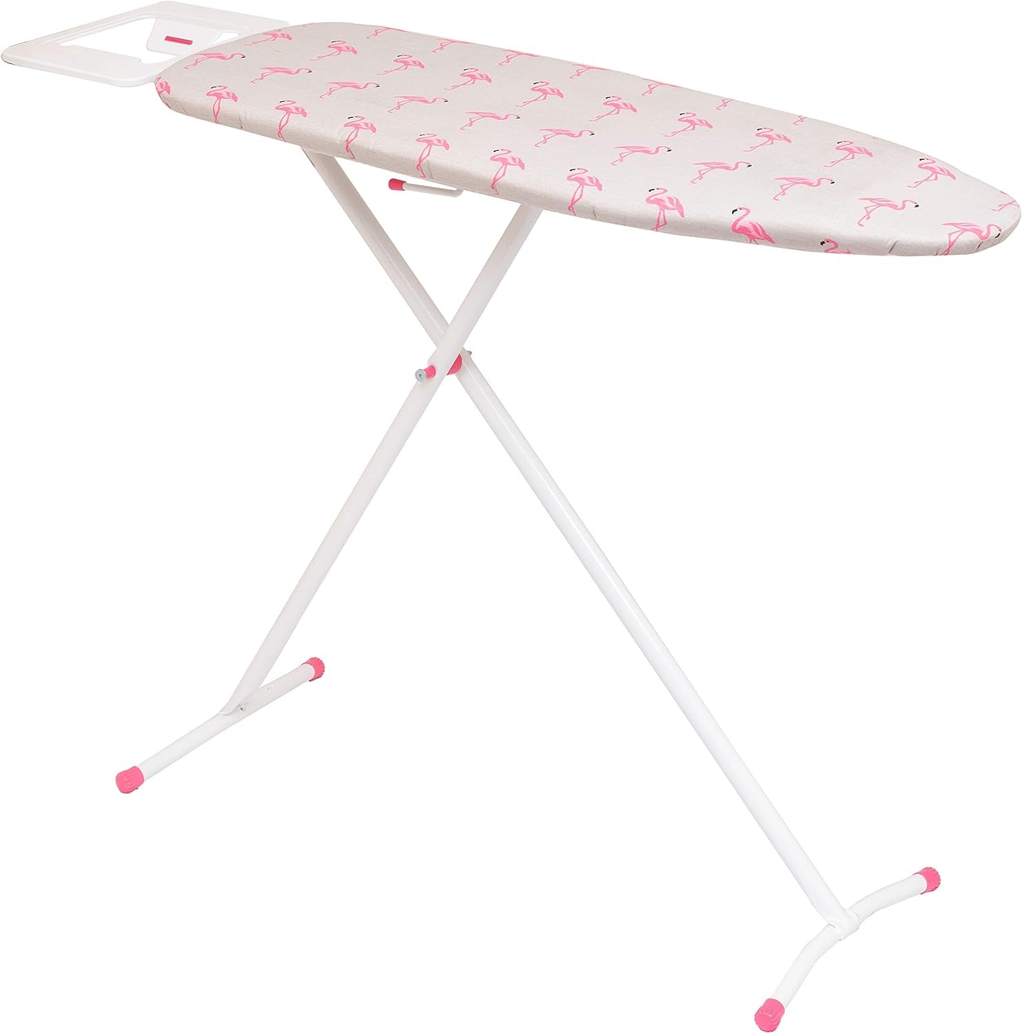 T-Leg Adjustable Height Ironing Board with Grey and Flamingo Cotton Cover + Extra Cover