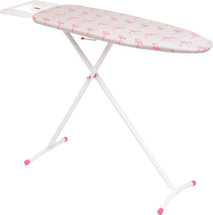 T-Leg Adjustable Height Ironing Board with Grey and Flamingo Cotton Cover + Extra Cover