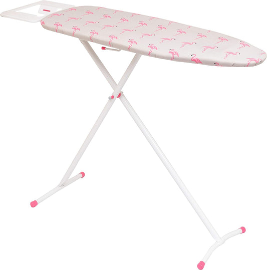 T-Leg Adjustable Height Ironing Board with Grey and Flamingo Cotton Cover + Extra Cover