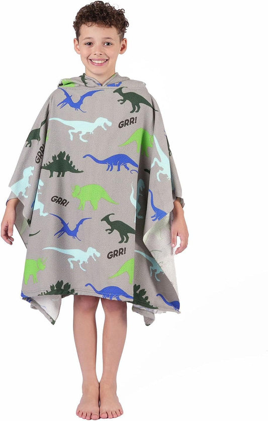 Kids Poncho Towel, Swimming Pool Hooded Changing Robe, Surfing, Beach, Baths, Quick Dry Soft Microfibre, Dino Print, 140X100Cm