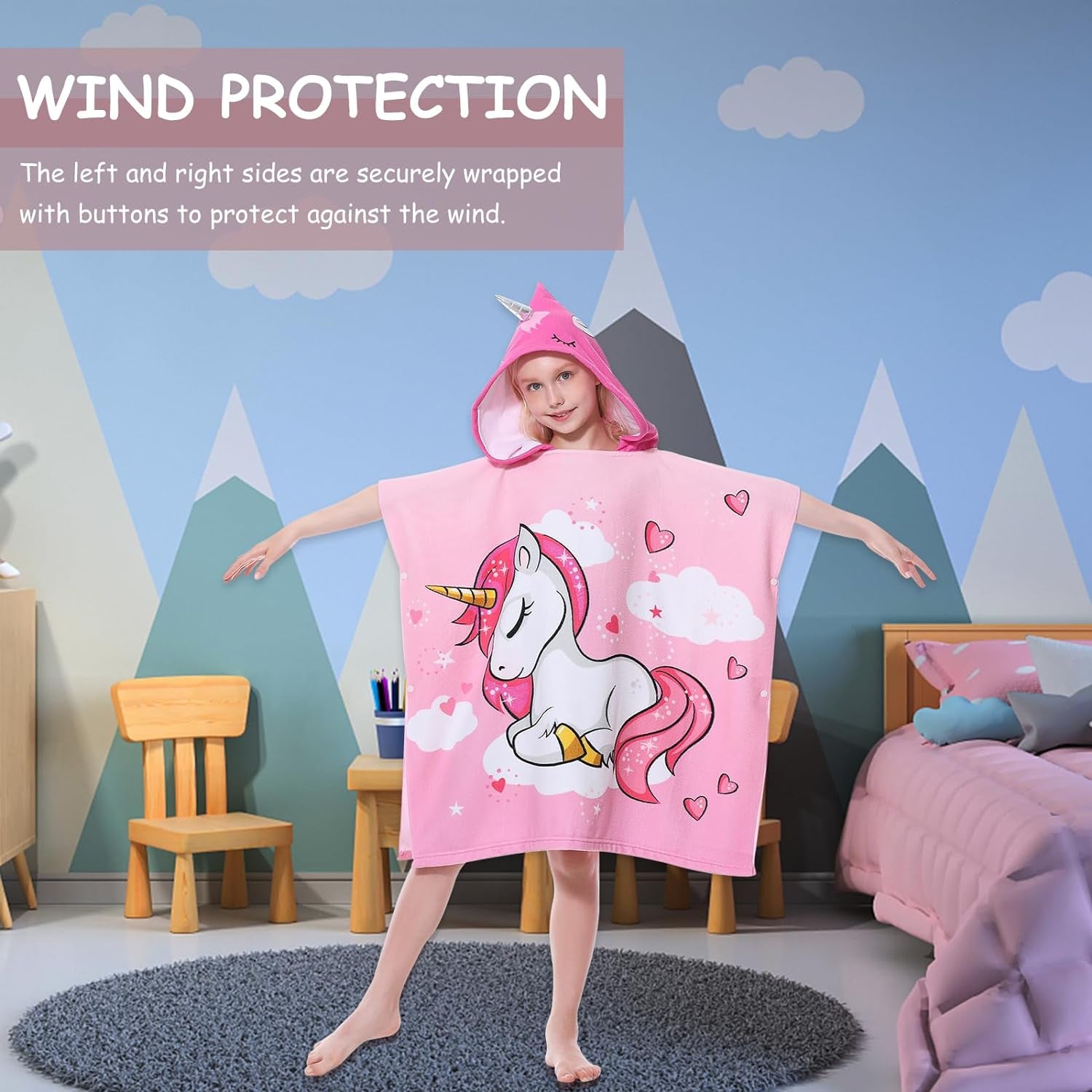 Kids Hooded Poncho Towels, Beach Changing Robe Bath Towel Poncho for Swimming Pool, Microfiber Soft and Large Bathrobe for Girls Boys Children 6-14 Years Old - Pink Unicorn