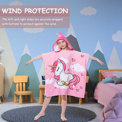 Kids Hooded Poncho Towels, Beach Changing Robe Bath Towel Poncho for Swimming Pool, Microfiber Soft and Large Bathrobe for Girls Boys Children 6-14 Years Old - Pink Unicorn