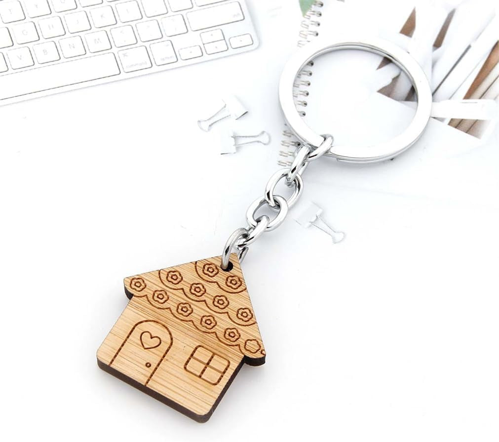 4 Pcs Wooden House Keychain Wooden Keychain Home Keyring Decoration Small House Shape Keychain Housewarming Gift Cute Home Keychain for Real Estate Gifts Home Clients Home Buyers Clients