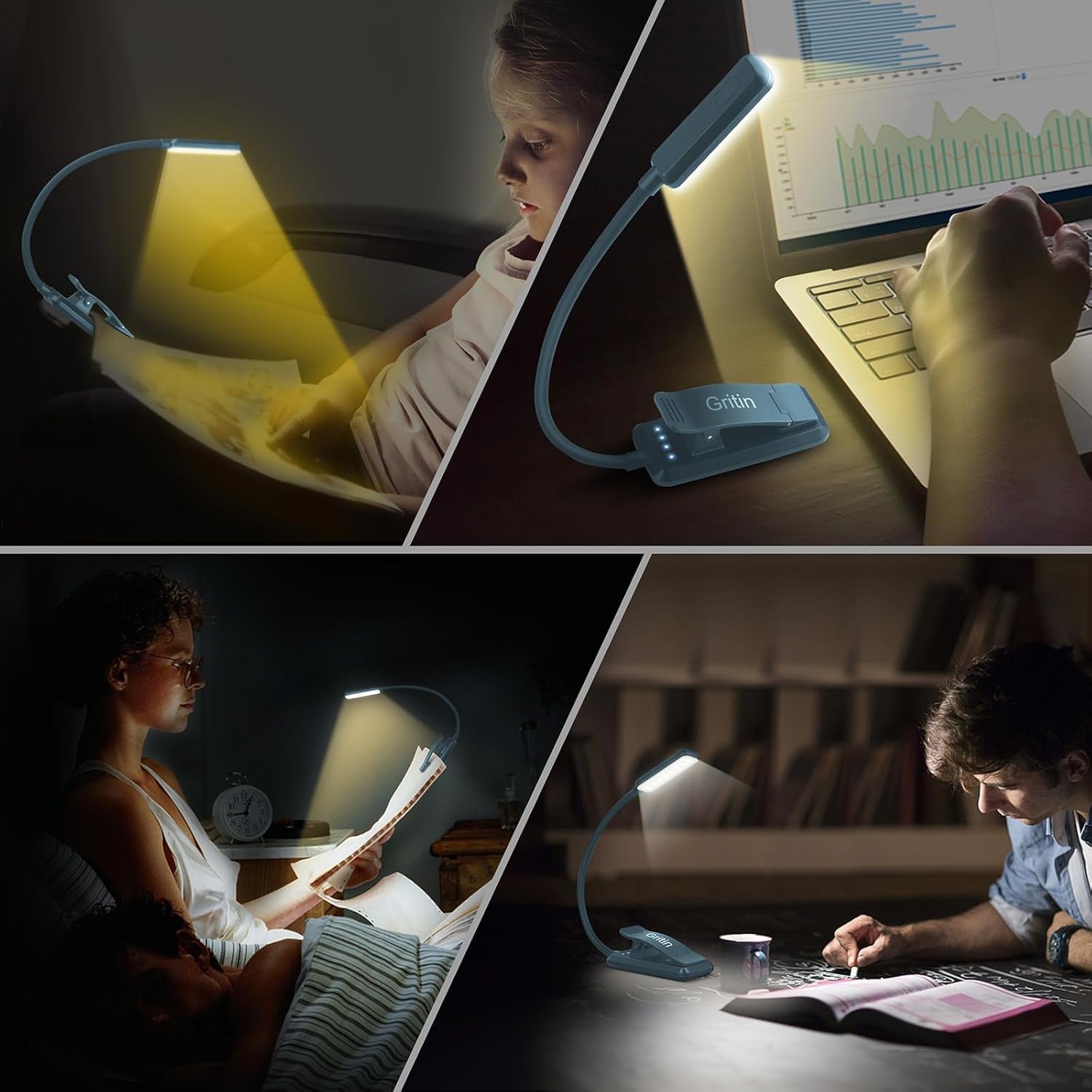 9 LED Clip on Book Light, 3 Eye-Protecting Modes Flexible Reading Light Book Lamp (Warm&Cool White) -Stepless Dimming, Rechargeable, Long Battery Life, 4-Level Power Indicator-Pacific Blue