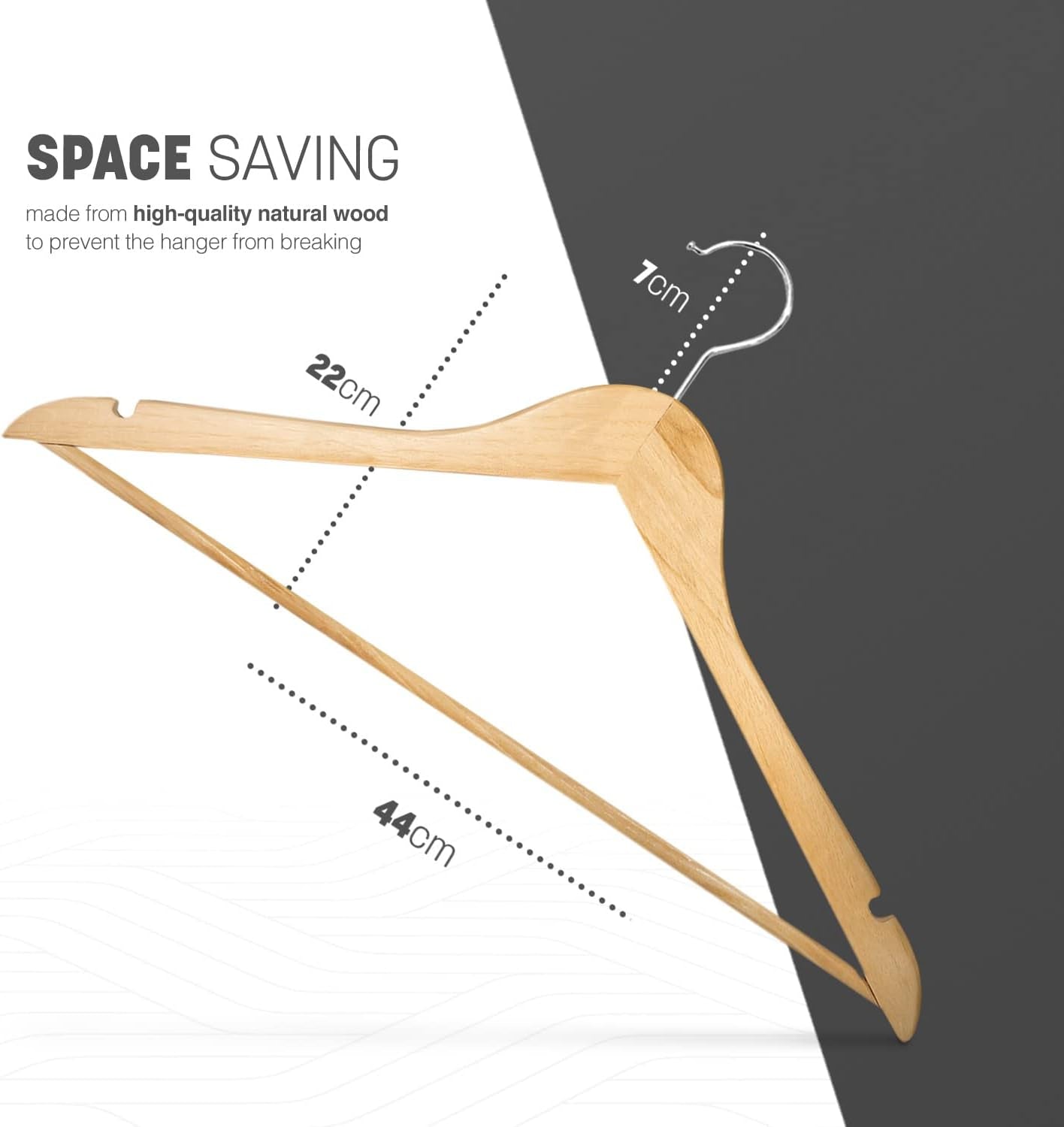Strong Wooden Coat Hangers with 360 Degree Rotatory Hook & round Trouser Bar & Shoulder Notches - Durable Wardrobe Space Saver - Suitable for Coat, Jacket, Suit, Jumper (20 Pack)