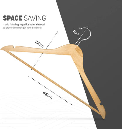 Strong Wooden Coat Hangers with 360 Degree Rotatory Hook & round Trouser Bar & Shoulder Notches - Durable Wardrobe Space Saver - Suitable for Coat, Jacket, Suit, Jumper (20 Pack)