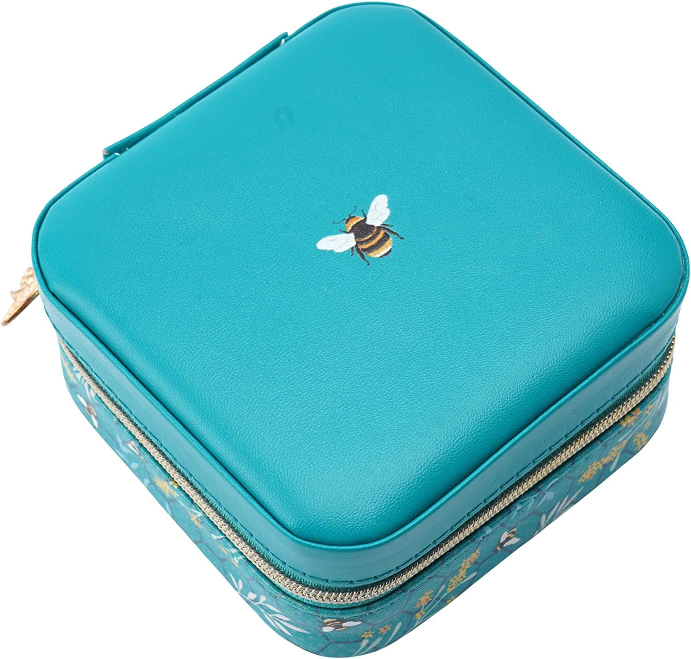 Square Travel Jewellery Box Case | Bee Design | Teal | Ladies Accessory | Organiser | Gift for Her | the Beekeeper GB06969