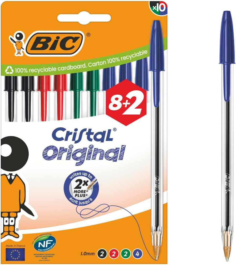 Cristal Original Ballpoint Pens Medium Tip (1 Mm) – Assorted Colours, Box of 10