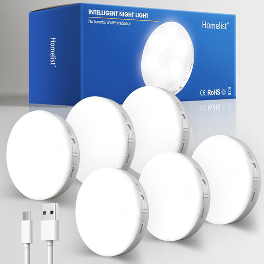 Motion Sensor Lights Indoor,6 Pack Wireless LED Rechargeable Magnetic Stick on Wall Night Light,Battery Operated USB Charging,Stair, Corridors, Closet, Kitchen Light under Cabinets Puck Light