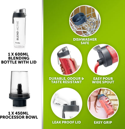 Blend Active Compact Food Processor and Smoothie Maker | 350W | Processor Bowl (450Ml) & Portable Blending Bottle (600Ml) | Leak Proof Lid | White & Green [VBL253]