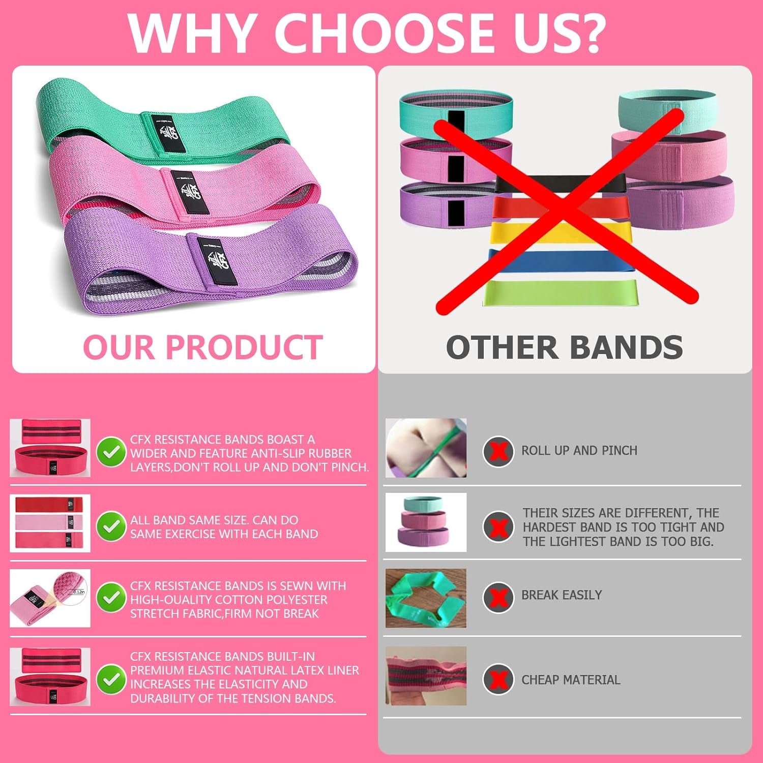 Resistance Bands Set, Exercise Bands with Non-Slip Design for HIPS & Glutes, 3 Levels Workout Bands for Women and Men, Booty Bands for Home Fitness, Yoga, Pilates