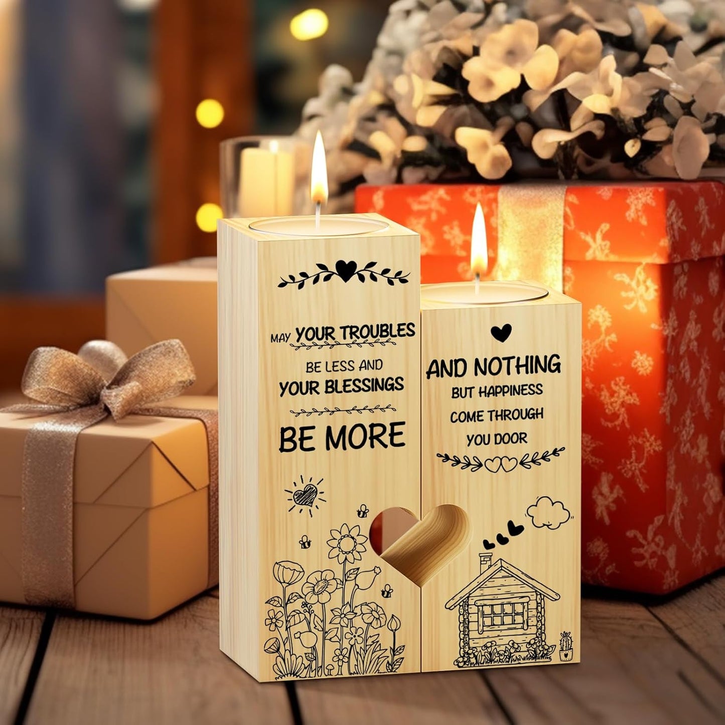 New Home Gifts, Wooden Heart Shaped Candle Holder Housewarming Gift for New Home,Warm Engraved Moving in Gift, House Warming Gift for Couple Friends Family