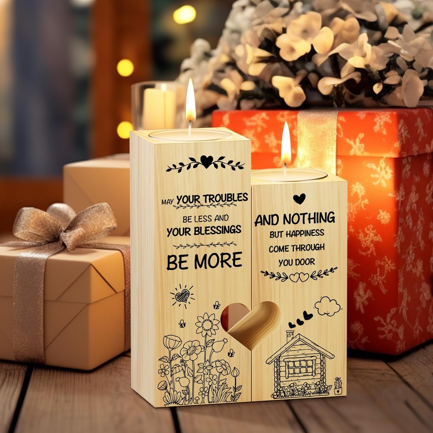 New Home Gifts, Wooden Heart Shaped Candle Holder Housewarming Gift for New Home,Warm Engraved Moving in Gift, House Warming Gift for Couple Friends Family