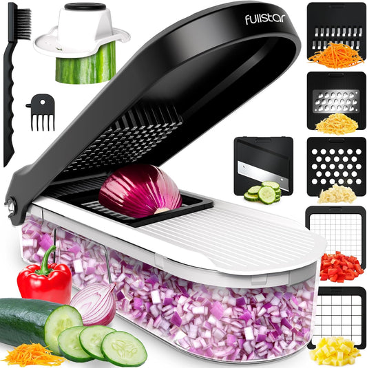 Vegetable Chopper Cutter Mandoline Slicer Cheese Grater - Food Onion Salad Veggie Chopper with Container - French Fry Potato Dicer Slicer Cutter - Kitchen Tools Gadgets (6-In-1 Compact White)