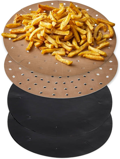 TLINER1 4 Pack of round Air Fryer Liners, Suitable for Air Fryers between 2 Litre and 4 Litre, Non-Stick, Reusable, Gold & Black