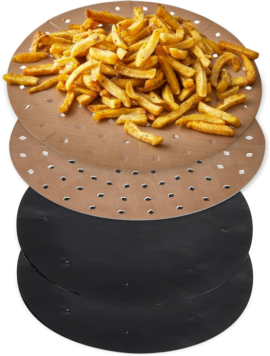 TLINER1 4 Pack of round Air Fryer Liners, Suitable for Air Fryers between 2 Litre and 4 Litre, Non-Stick, Reusable, Gold & Black