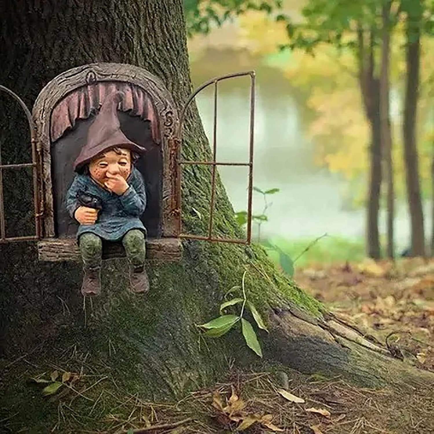Mini Resin Garden Gnome, Elf Out the Door Tree Hugger, Funny Tree Sculpture Garden Decoration Patio Yard Lawn Porch Ornaments Decoration for Garden and Desk (A)