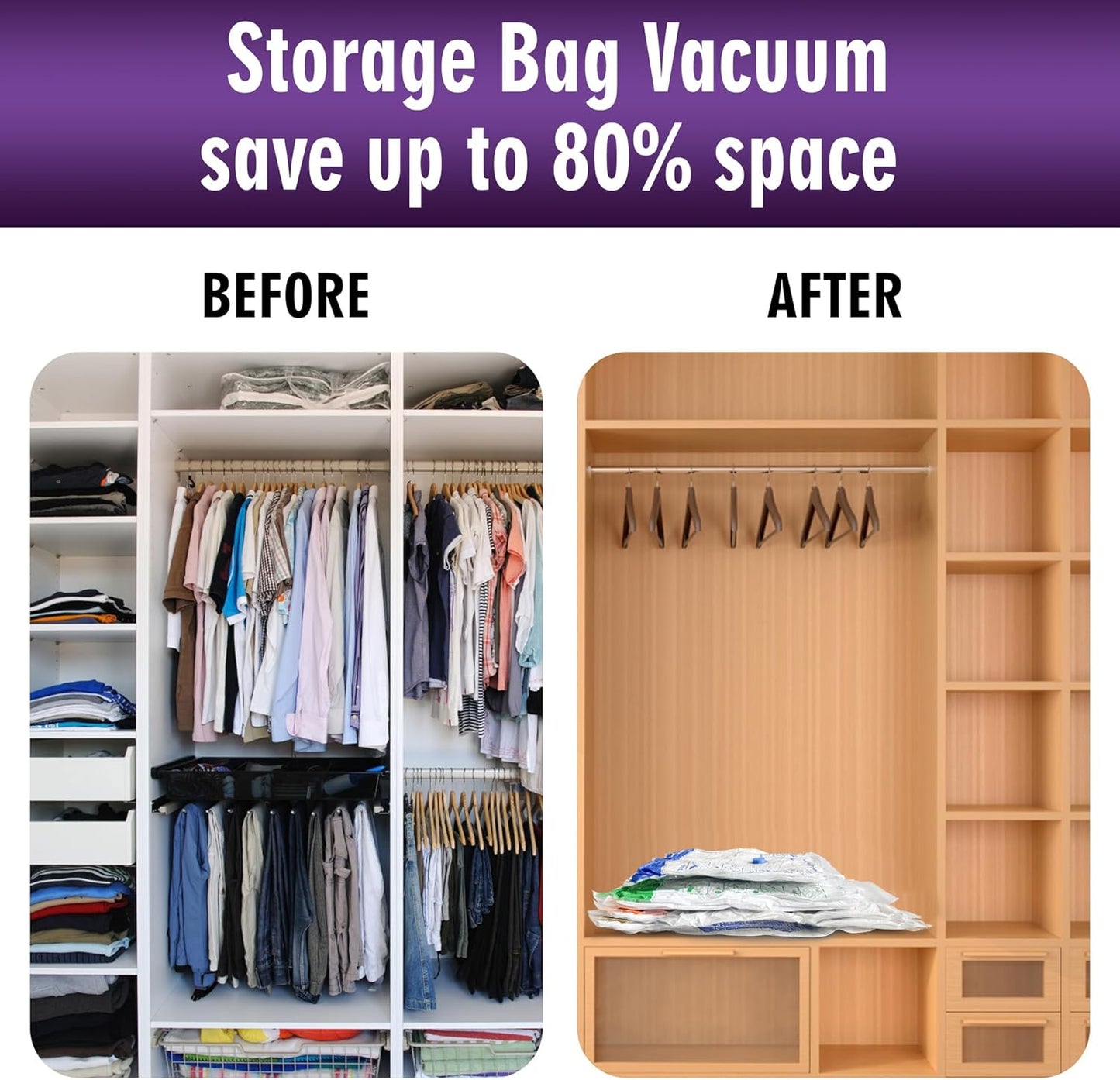 Space Saver Bags for Travel and Home Reusable Vacuum Storage Bags save 80% More Storage Space Work with Vacuum Cleaner (9 Large, No Pump Included)