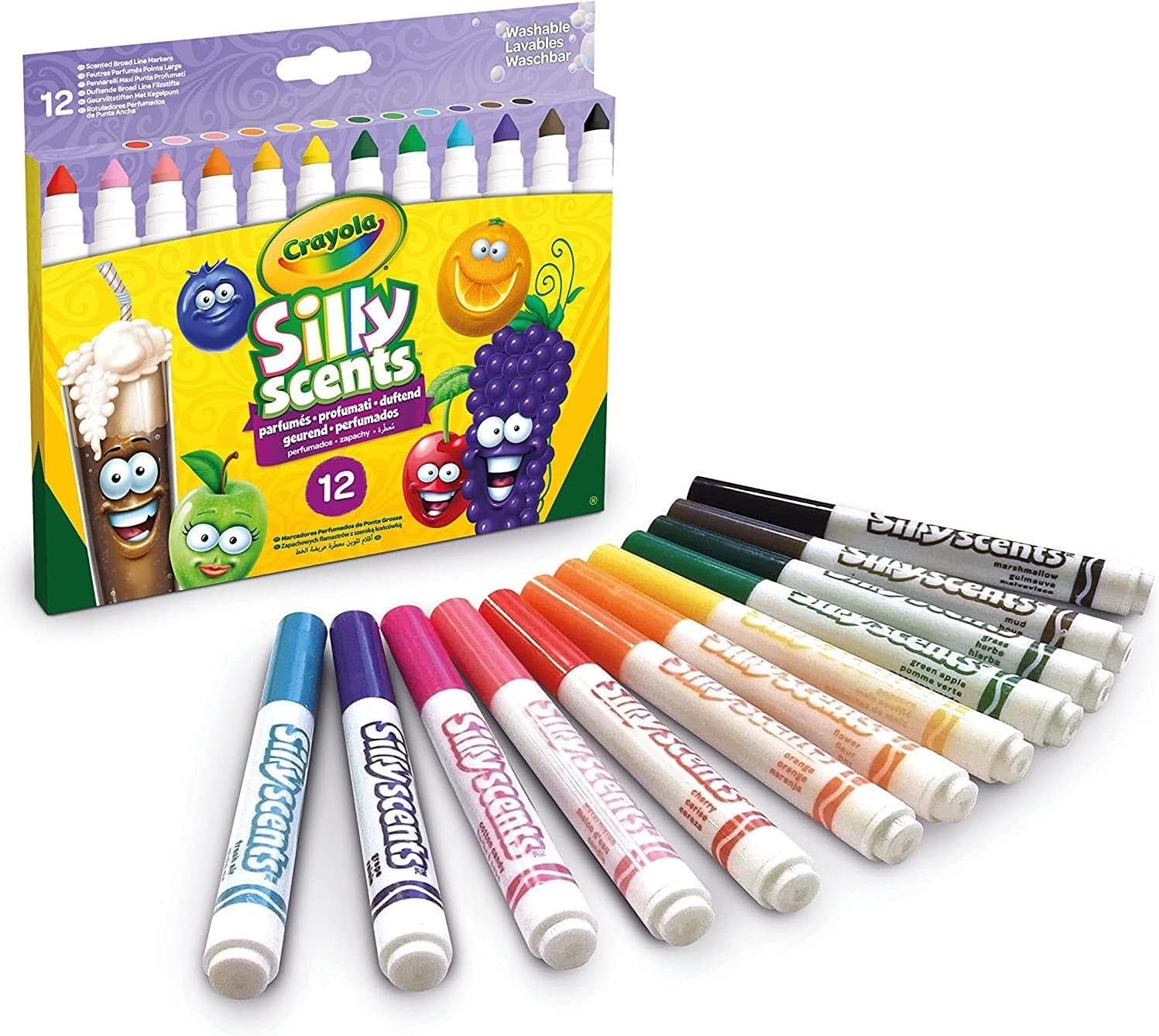 Silly Scents Broadline Washable Markers - Assorted Colours (Pack of 12) | Unique Sweet Scents & Colours! | Ideal for Kids Aged 3+