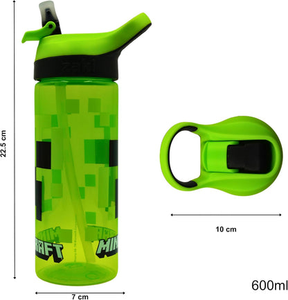 Minecraft Atlantic Creeper Drinks Bottle with Logo Eco Freindly Bpa-Free Plastic School Water Bottle with Removable Straw, Spills Proof Gift for Minecraft Fan Officially Merch 600ML