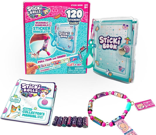 Sticki Rolls Sticki Book, Wearable & Shareable Sticker Bracelet, 120 Mini Stickers, Bracelet and Sticki Book, Assorted Colours and Styles, Packaging May Vary