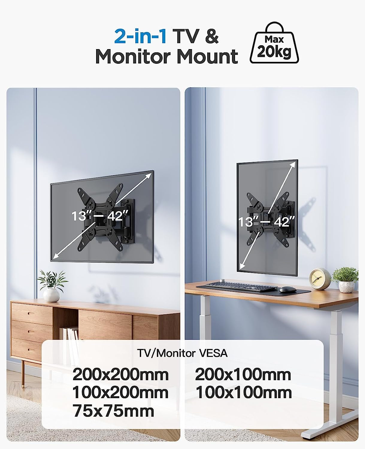 TV Wall Bracket for 13-42 Inch Tvs, Swivels Tilts TV Wall Mount for Flat & Curved TV，VESA 75X75Mm to 200X200Mm up to 20Kg