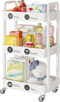 3-Tier Rolling Storage Cart with Lockable Casters, Beauty Trolly，Bathroom Trolley, Multifunctional Storage Trolley，White