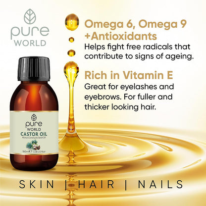 Natural Castor Oil 100ML Cold, & Freshly Pressed 100% Pure and Undiluted Hexane Free Eyebrows, Nails, Beard, Hair, Eyelash Growth Cruelty Free Food Grade