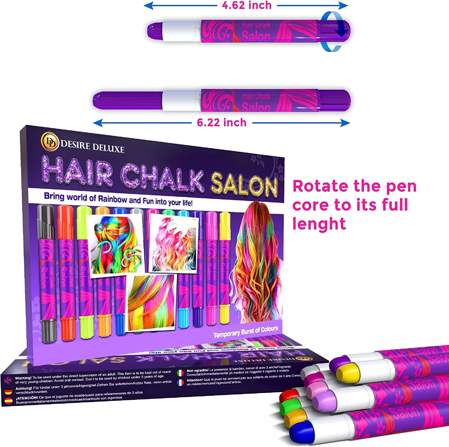Hair Chalk Gifts for Girls - 10 Temporary Non-Toxic Easy Washable Hair Dye Colourful, Metallic, Glitter Pens - Games Birthday Present