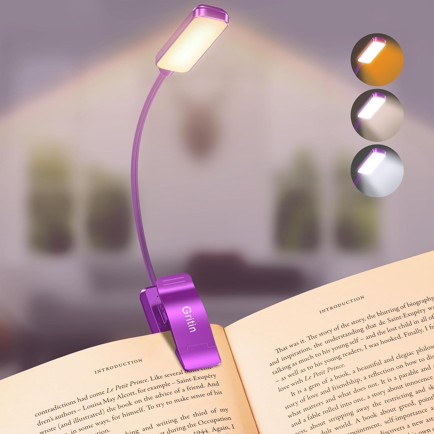 9 LED Clip on Book Light, 3 Eye-Protecting Modes Flexible Reading Light Book Lamp (Warm&Cool White) -Stepless Dimming, Rechargeable, Long Battery Life, 4-Level Power Indicator-Dark Purple