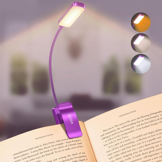 9 LED Clip on Book Light, 3 Eye-Protecting Modes Flexible Reading Light Book Lamp (Warm&Cool White) -Stepless Dimming, Rechargeable, Long Battery Life, 4-Level Power Indicator-Dark Purple