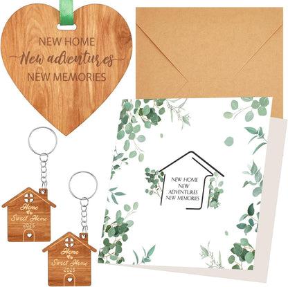 New Home Gift Sets Include 1 New Home Card with Envelope, 1 Wooden Heart Plaque Decoration Keepsake with Ribbon and 2 Home Sweet Home Keyrings, Housewarming Gifts for New Home Friends Couples
