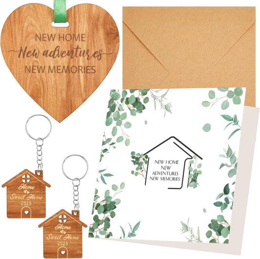 New Home Gift Sets Include 1 New Home Card with Envelope, 1 Wooden Heart Plaque Decoration Keepsake with Ribbon and 2 Home Sweet Home Keyrings, Housewarming Gifts for New Home Friends Couples
