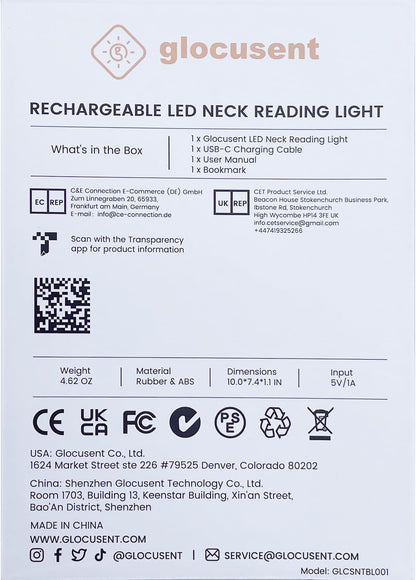 LED Neck Reading Light, Book Light for Reading in Bed, 3 Colors, 6 Brightness Levels, Bendable Arms, Rechargeable, Long Lasting, Perfect for Reading, Knitting, Camping, Repairing