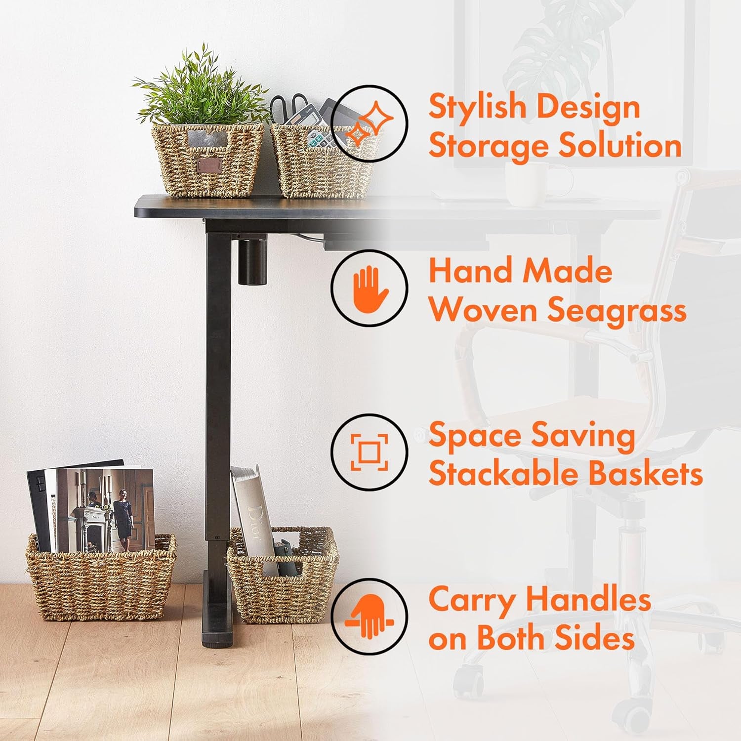 Seagrass Storage Baskets, Set of 4 Hand-Woven Display Hampers - Bathroom Storage Baskets for Shelves - Nesting Natural Wicker Seagrass Baskets for Storage W/Handles for Bedroom & Home Office