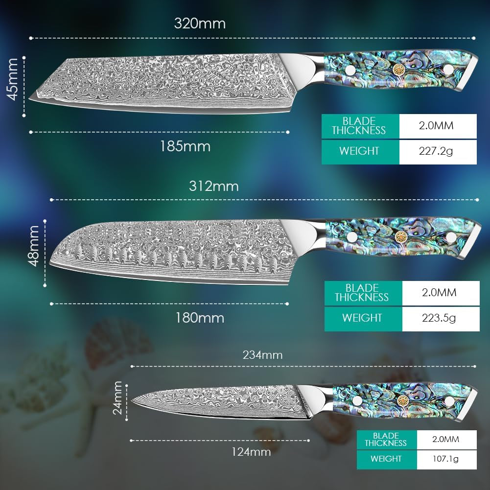 Damask Knive Set of 3, 12.4-19Cm Blade Made of 67 Layers of VG-10 Damascus Steel, Santoku Knife, Kiritsuke Knife, Universal Knife, Abalone Shell Handle, Gift Box