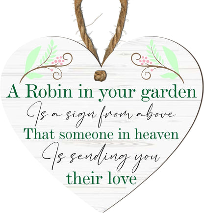 Robin Memorial Garden Grave Hanging Heart Wooden Heart Memorial Plaque with Robin Design - Remember Loved Ones in Heaven | Handcrafted Keepsake | Modern Rustic Home Decor | Made in UK