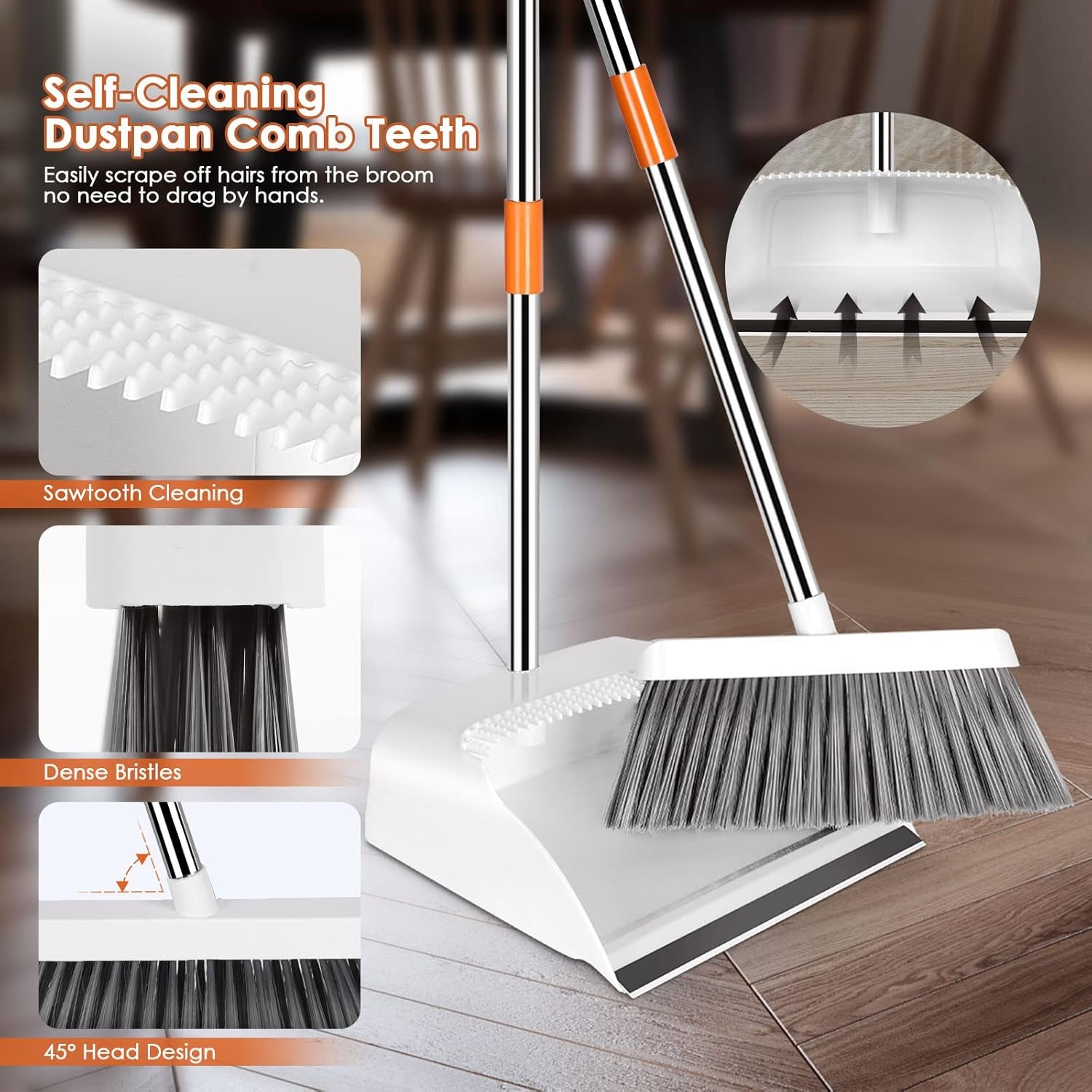 Broom and Dustpan - Long Handled Dustpan and Brush Set, 130 Cm Long Handle Sweeping Broom Indoor, Dust Pan and Brush Combo for Home Lobby Kitchen Office Floor Cleaning