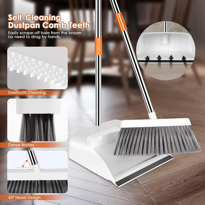 Broom and Dustpan - Long Handled Dustpan and Brush Set, 130 Cm Long Handle Sweeping Broom Indoor, Dust Pan and Brush Combo for Home Lobby Kitchen Office Floor Cleaning