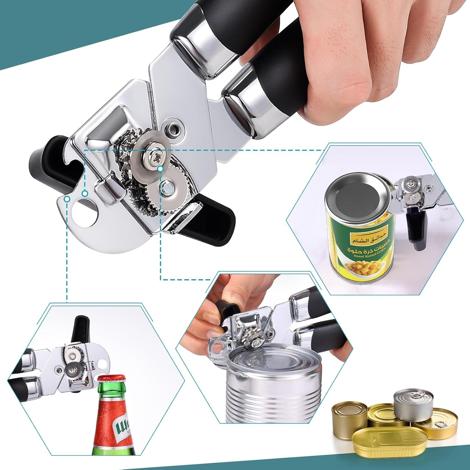 Tin Opener,  3-In-1Can Opener Handheld Heavy Duty Stainless Steel Can Openers with Multifunctional Bottle Opener, Black