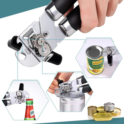 Tin Opener,  3-In-1Can Opener Handheld Heavy Duty Stainless Steel Can Openers with Multifunctional Bottle Opener, Black
